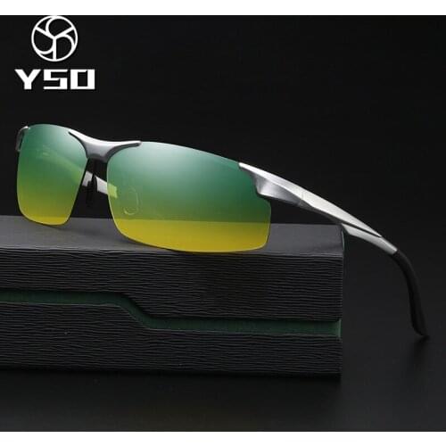 YSO Sunglasses Men Polarized UV400 Aluminium Magnesium Frame HD Night Vision Driving Glasses Semi Rimless Accessory For Men 8003