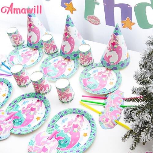 Amawill Happy Birthday Party Disposable Tableware Set Mermaid Party Plate Cup Banner Decor Baby Shower Girl Party Supplies 75D