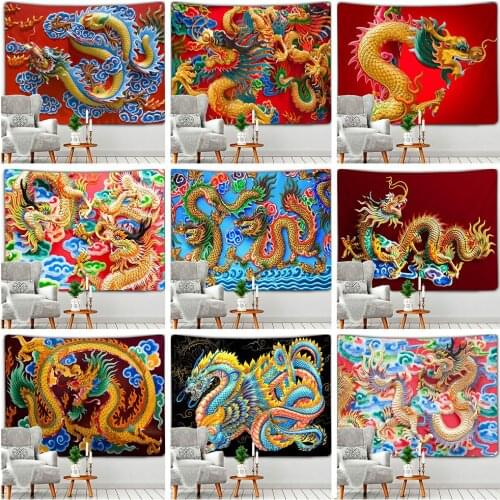 Chinese Dragon Tapestry Psychedelic Red Totem Art Animal Wall Hanging Room Bedspread Beach Mat Home Bedroom Living Decor