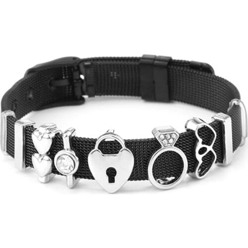 New Arrival Silver Plated Heart Crown Charm Slide Beads Fit Brand 10mm Stainless Steel Mesh Bracelets For Women Jewelry Gift