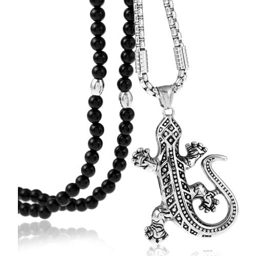 Punk Animal Gecko Lizard Stainless Steel Pendant Necklace with Black Natural Stone Chain Necklace 26"