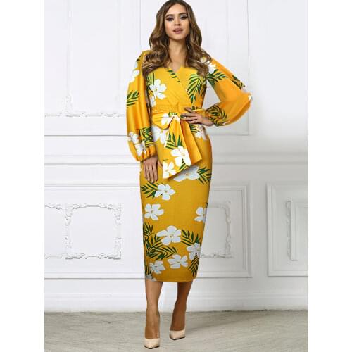 Puff Sleeve Yellow Print Flower Midi Length Bodycon Dress Omighty Dress 2021 Summer New Floral Ladies V Neck Vestidos Dresses