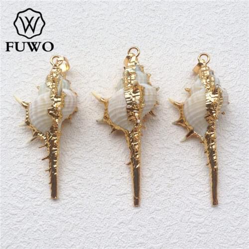 FUWO Natural Murex Shell Pendant With Gold Wrapped Genuine Spiky Trumpet Shell Pendant Beach Charms Jewelry Wholesale PD553