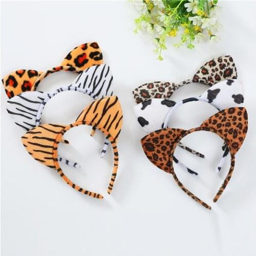 Cloth Plush Tiger Leopard Cow Cat Ear Headband Cute Women Girls Kids Party Festival Hair Accessories Hairband
