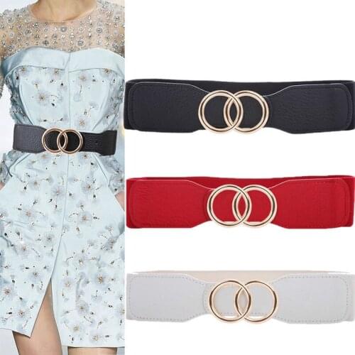 Womens Elastic Waistband Black Fashion Stretch Wide Belt Gold Round Buckle White Waist Seal Dresses Decorate Waist Seal Female