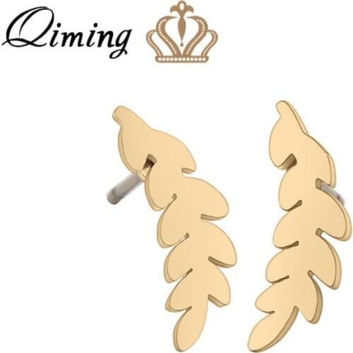QIMING Golden Minimalist Leave Leaf Earrings Simple Fashion Jewelry Olive Branch Feather Women Earrings