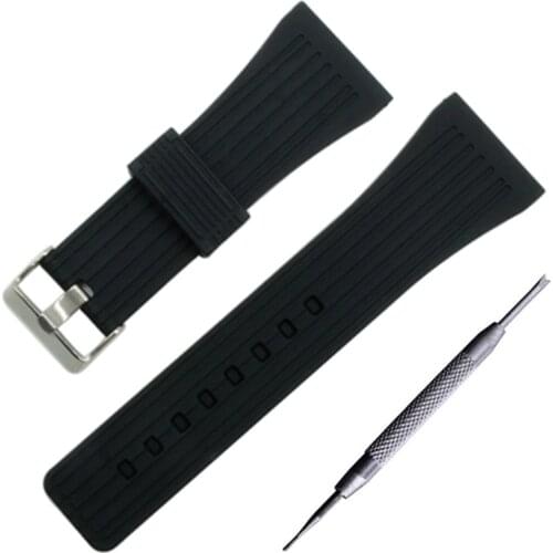 Silicone Rubber Watch Band 30mm Universal Watchband Stainless Steel Pin Clasp Strap Wrist Loop Belt Bracelet Black + Tool