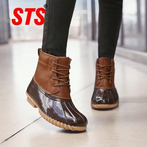 STS Women Snow Boots Winter Plus Velvet Keep Warm Duck Boots Mid Rubber Ladies Rain Boots Waterproof Non-Slip Women Casual Shoes