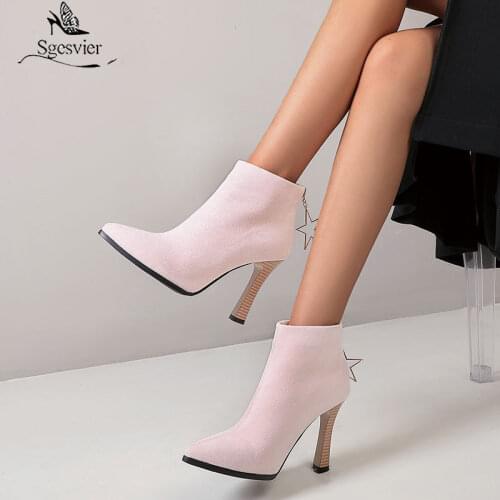 Sgesvier Lady Wooden Thin High Heels Ankle Boots Women Pointed Toe Faux Suede Booties Sexy Shoes Ladies Pink Black Short Boots