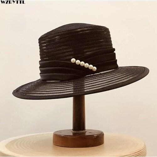 Elegant Women Sun Hats PP Satin Breathable Summer Beach Hat Wide Brim Pearl Ribbon Ladies Kentucky Derby Church Wedding Sun Hat