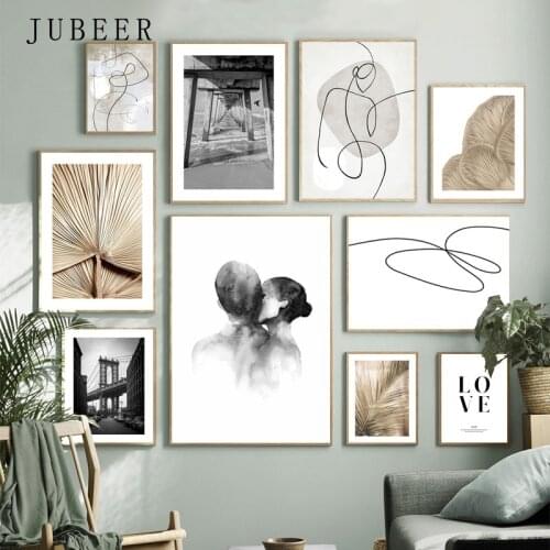 Nordic Vintage Posters and Prints Banana Leaf Plant Kiss Abstract Line Wall Art Canvas Painting Wall Pictures for Living Room