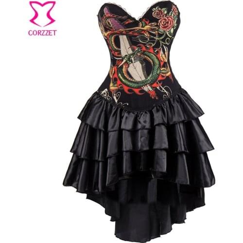 Steampunk Corset Dress With Straps Vintage Corsets and Bustiers Gothic Print Black Cotton Butier Sexy Burlesque Dresses Outfits