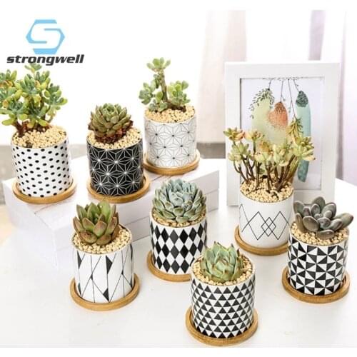 Strongwell Geometric Pattern Ceramic Succulent Flower Pot Home Supplies Fairy Garden Decoration Bonsai Mini Flowerpots Planter