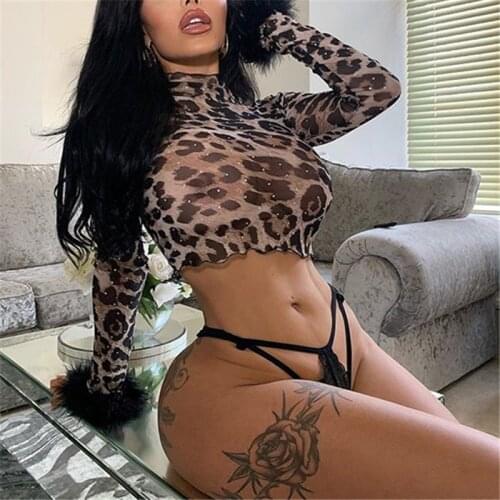 OMSJ Newest Women Sexy Mesh Leopard Printing Crop Top Long Sleeve Fluffy Cuff Bodycon See-through Pullover Basic Tees Female New