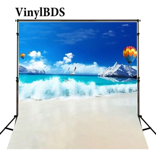 VinylBDS Beach Blue Background Waves and Hot Air Balloon Photo Scenic Photography Backdrops Children Photo For Studio Custom