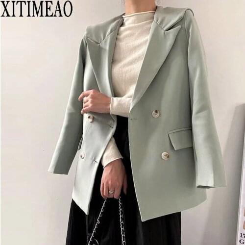 XITIMEAO Women 2021 Fashion Casual Wear Double Breasted Blazers Coat Vintage Long Sleeves Female Solid Color Outerwear Chic Top