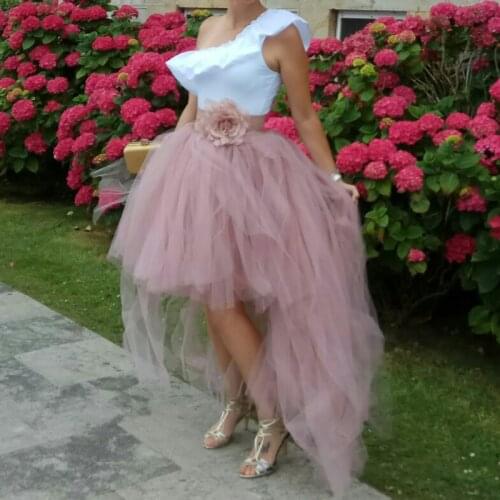 Skirt Tulle Layered faldas Hi Low Skirt Women Party Skirts Front Short Back Long Skirt Dusty Pink Flower Floor Length jupe femme