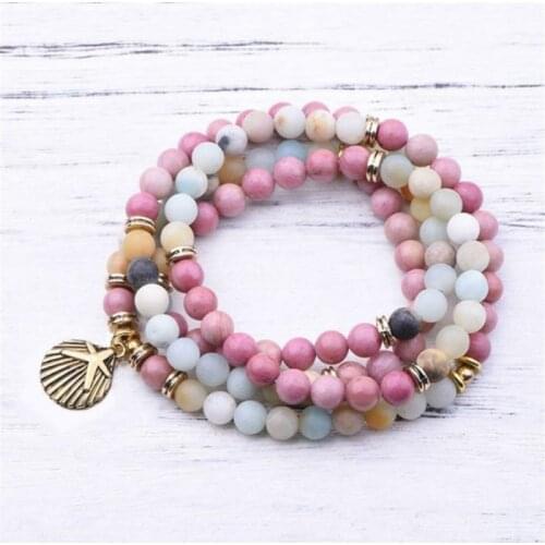 Charm 108 Natural Stone Rosary Bracelet Metal Shell Starfish Pendant Elasticity Bracelet for Women Yoga Necklace Dropshipping