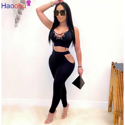 2020 Women Two Piece Set Summer Outfits For Women Lace Up Bandage Crop Top Hollow Out Pencil Pant Sexy Lounge Wear Matching Set