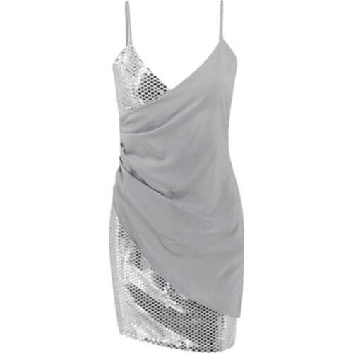 Women sexy party dress sequined v-neck pleated spaghetti strap dress for ladies new 2021 summer silver dress night club wear