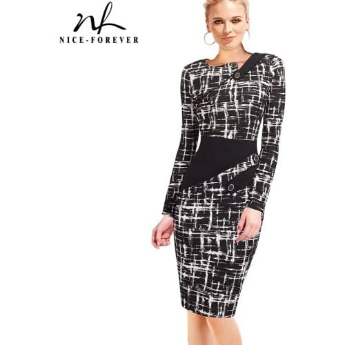 Nice-forever Business Female Pencil Dress Elegant Lady Illusion Patchwork Sheath Buttons Fitted Women Bodycon Bandage Dress b231