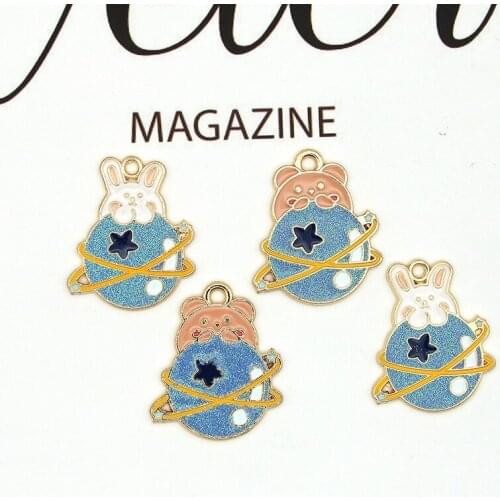 10pcs/lot Cartoon Metal Charms Enamel Rabbit Bear Planet Pendants Charm Fit Bracelet Earring DIY Jewelry Making Golden Base