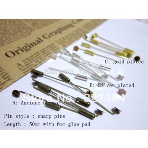 300pcs Silver Plated/Gold Plated/Antique Bronze w/ 6mm glue pad 50mm stick khaleeji pins, muslim hijab pins safety scarf pins