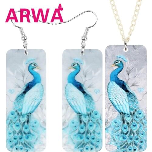 ARWA Acrylic Rectangle Blue Peacock Peafowl Jewelry Sets Animal Bird Earrings Necklace For Women Girls Lover Funny Accessories