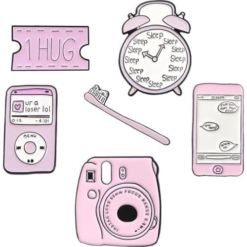 Pink Life Series Brooch Cartoon MP3 Camera Mobile Toothbrush Alarm Clock Kiss Cute Child Enamel Pins Denim Shirt Badge Gifts