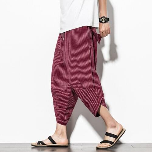 Summer New Chinese Style Pants Mens Striped Wide Leg Pants Casual Mens Leggings Loose Large Capris