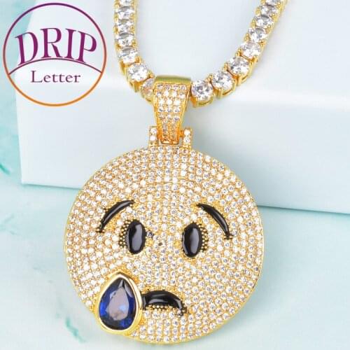 Gold Color Crying Face Pendant Blue Color Cubic Zircon Necklace Chain Mens Hip Hop Rock Jewelry