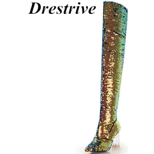 Drestrive Women Knee High Boots Sequined Cloth Zipper Crystal High Heel 8.5 Cm Mixed Colors Bling Winter Shoe Woman Size 43