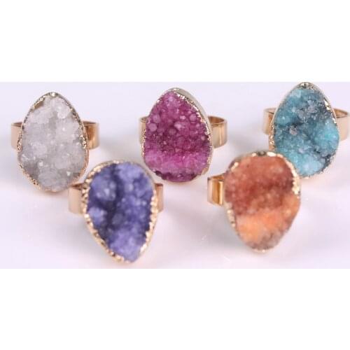 Natural Stone Druzy Quartz Crystal Women Rings Drusy Green Rose Raw Stone Wedding Vintage Rings Female