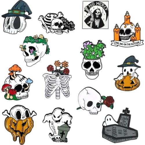 Halloween Punk series Enamel Pin Skeleton Skull Grave Cactus Mushroom Brooch Bag Lapel Pin Gothic Badge Jewelry Gift for Friends