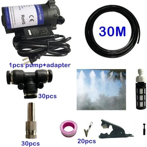 H114 Quiet 24V 80PSI Water Pump with 30M 6mm Tubing 30pcs Slip Lock 0.3mm Fine Fog Nozzles for Garden Patio Mist Cooling System