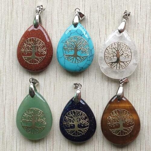 Good quality mix natural stone water drop shape tree of life pendants for jewelry making free shipping wholesale 6pcs/lot