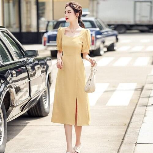 Summer Dresses Elegant Vintage Puff Sleeve Women Dress Bodycon Bandage Yellow Long Sundress Party Sexy Sweet Korean Clothes