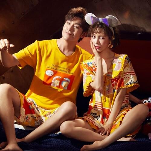 Summer Couple Pajamas Set 2pcs Short Sleeve Cute Sleepwear Pyjamas Women Men Cotton Cartoon Nightwear Lovers Pajamas Homewear