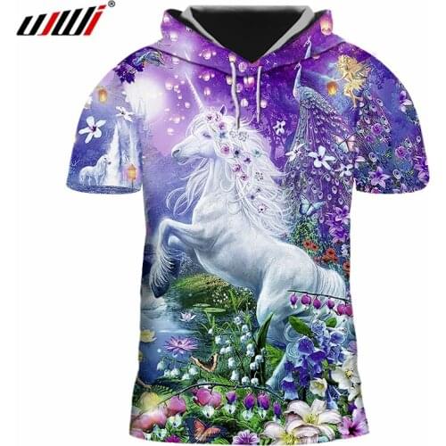 UJWI Summer Tops Tshirt With Cap Fashion Men/women 3D Print White Horse Hooded T-shirt Man Punk Short Sleeve Hoodies Whosale