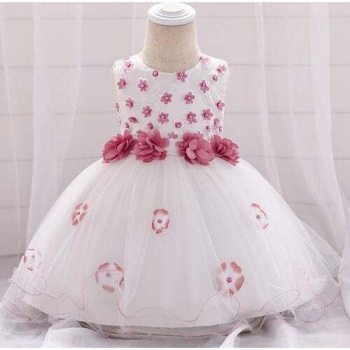 Newborn Baby Girl Floral Birthday Party Dress Beaded Three-dimensional Flower Lace Tutu Dress Baptism Princess Dresses