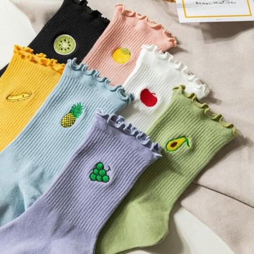 Fun Kawaii Fruit Embroidery Socks Women Cotton Streetwear Fashion Cute Ruffled Cartoon Woman Socks Spring Autumn New Style
