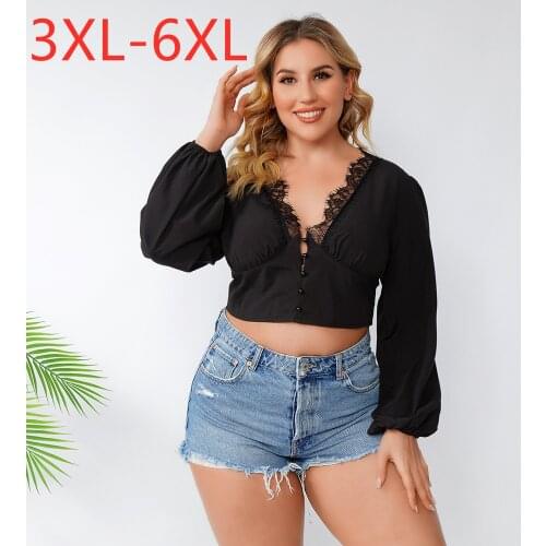 New 2021 Spring Summer Plus Size Crop Tops For Women Large Blouse Long Sleeve Slim Lace Black V-neck Short Shirt 3XL 4XL 5XL 6XL