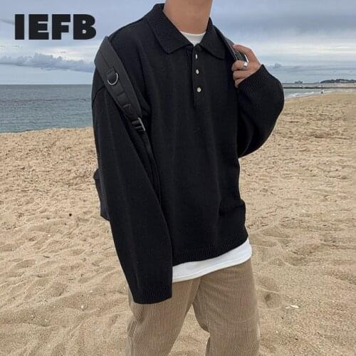 IEFB autumn mens polo collar lightweight sweater mens loose Korean fashion kintwear long sleeve oversized clothes male 9Y4511