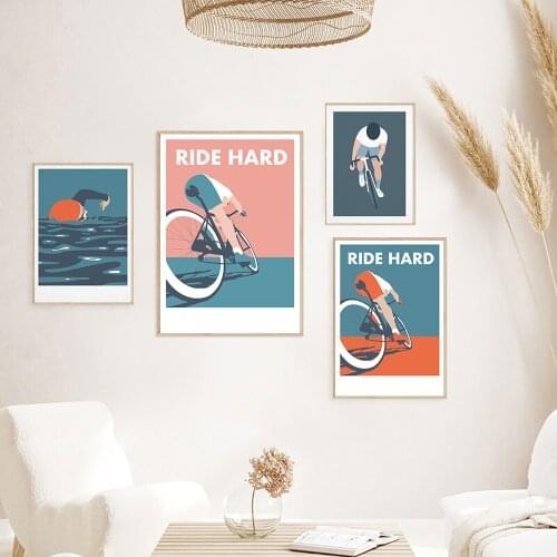 Sports Swimming Cycling Poster Art Prints Ride Hard Gym Stadium Canvas Painting Mid Century Modern Triathlon Wall Pictures Decor