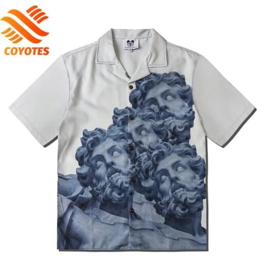 COYOTES Creative Sculpture Casual Shirt Men Summer Short Sleeve Shirts Women Beach Hawaii Blouses Vintage Cardigan