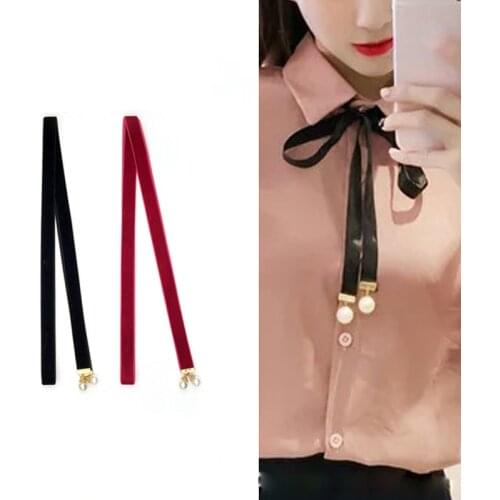 Korean Style Simple Bowtie Necktie Fashion Womens Shirt Accessories Pearl Pendant Pure Color Velvet School Uniform Collar Flower
