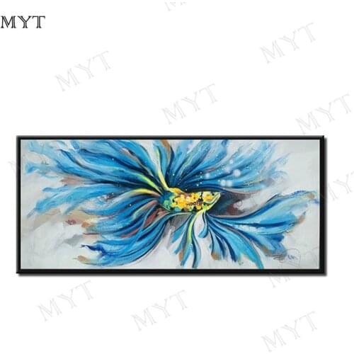 Hand Painted Abstract Blue tail goldfish Oil Painting on Canvas Abstract Wall Picture Living Room Bedroom Home Wall Art Decor