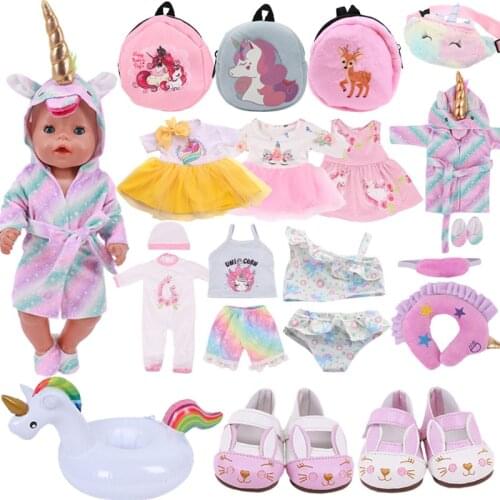 43cm Reborn New Born Baby Doll Unicorn Clothes Dress Shoes Backpack Fanny Waist Bag Cartoon Accessories 18 Inch American of girl