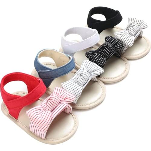 Newborn Baby Girls Striped Bow Sandals Shoes Soft Sole Non-Slip Open Toe Flat Shoes Infant Toddler Summer PreWalkers 0-12M