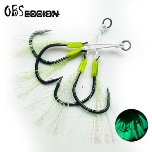 High Carbon Steel Luminous Assist Double Hook 1/0 2/0 3/0 4/0 Saltwater Fishing Slow Jigging Assist Hook with Feather Solid Ring